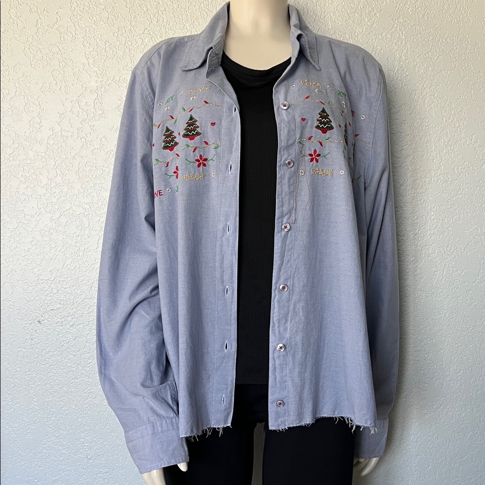 Y2K Embroidered Christmas Shirt L (Fits M) Love Joy Peace Chambray Top